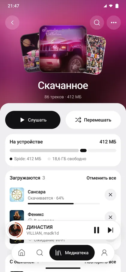 Раздел «Скачанное» в Spide